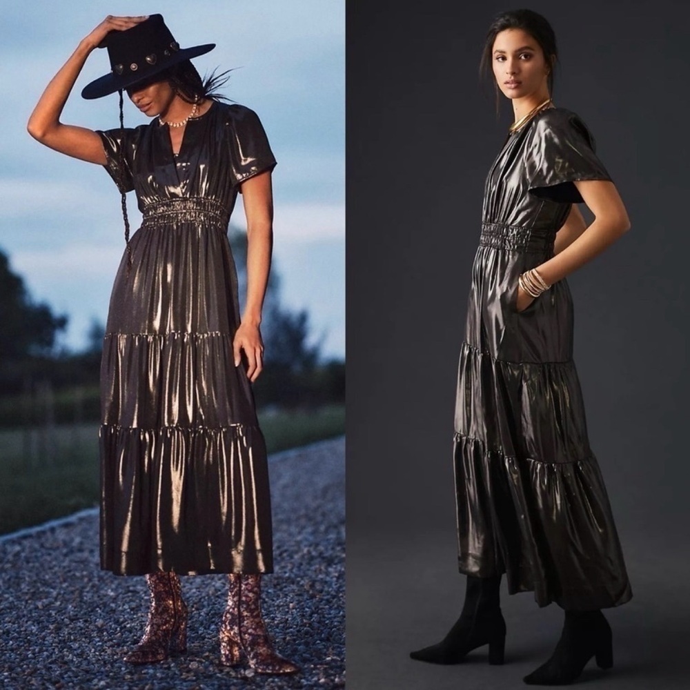 NWT Anthropologie Somerset Maxi Dress Metallic Carbon Black Small
